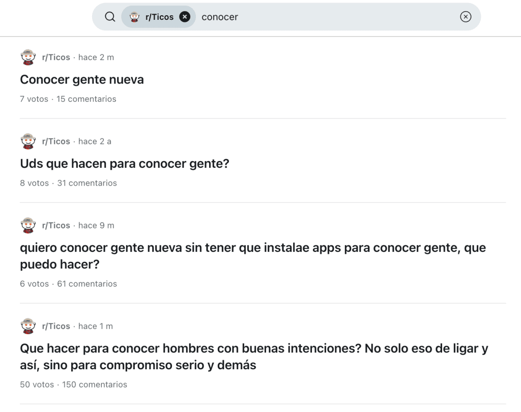 Captura de pantalla de Reddit Costa Rica sobre conocer gente