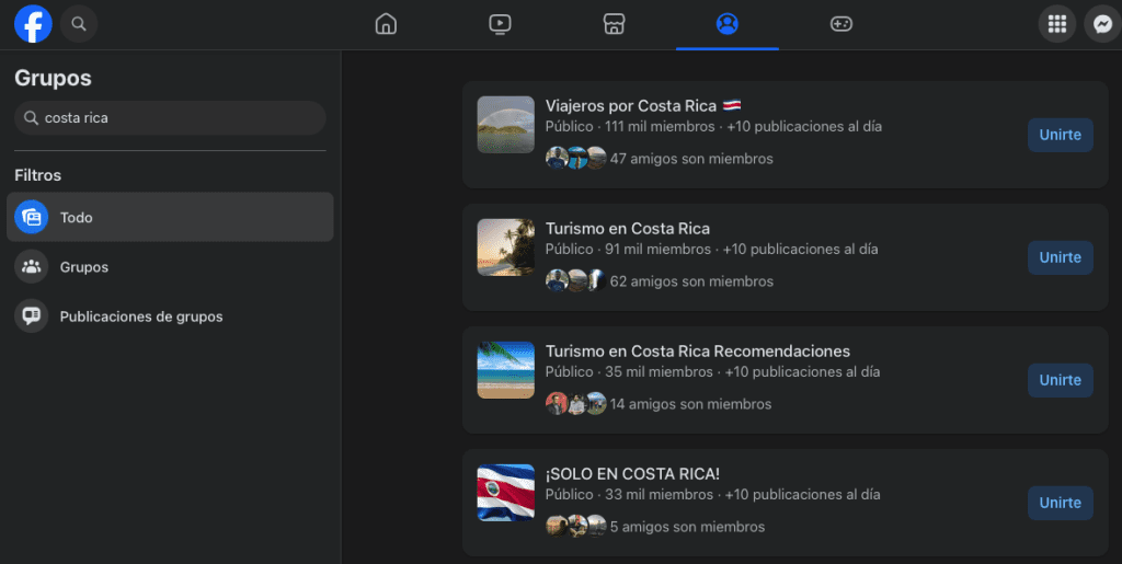 Captura de pantalla de grupos en Facebook para conocer gente